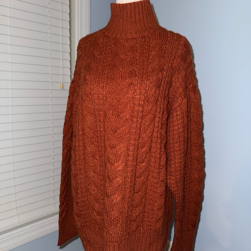 Cozy Cable Knit Turtleneck Sweater - Rust